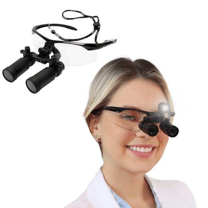 Lupa Macro Vision con Lámpara Frontal y Lentes de 4x usado por odontólogo en clínica