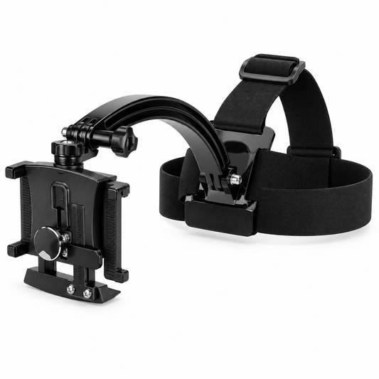 Head mount phone holder with adjustable straps and an articulated arm